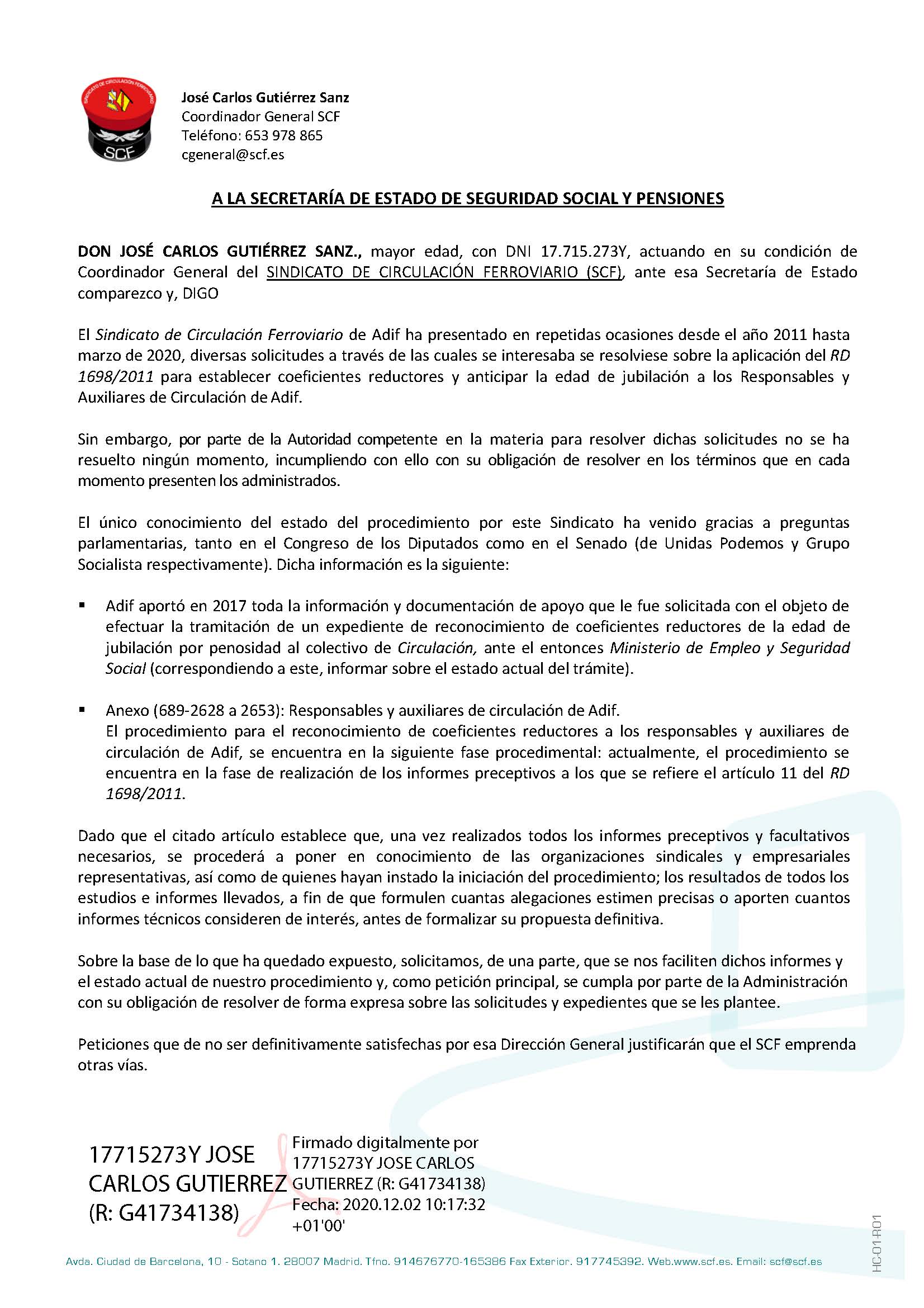 Carta del SCF a la Seguridad Social